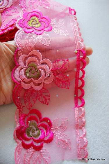 Pink Soft Net Lace Trim With Embroidered Pink And Green Flowers 10 cm wide